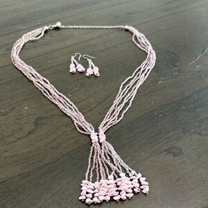 Pink Multi-Strand Beaded Necklace with Matching Earrings